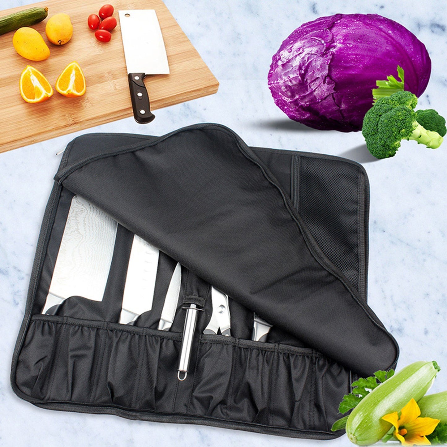 Chefs Knife Roll Bag with Durable Shoulder Strap and Handle