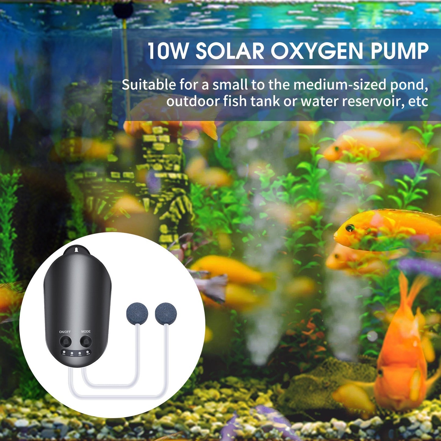 Solar Oxygen Pump 10W with Pipe, Air Stone, Bracket for Fish Tank Oxygenator