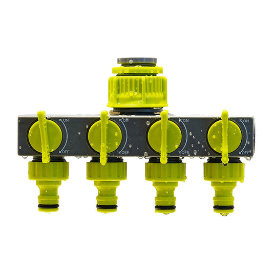 4-Way Garden Hose Splitter with Individual On-Off Valves for Outdoor Faucet and Irrigation Systems