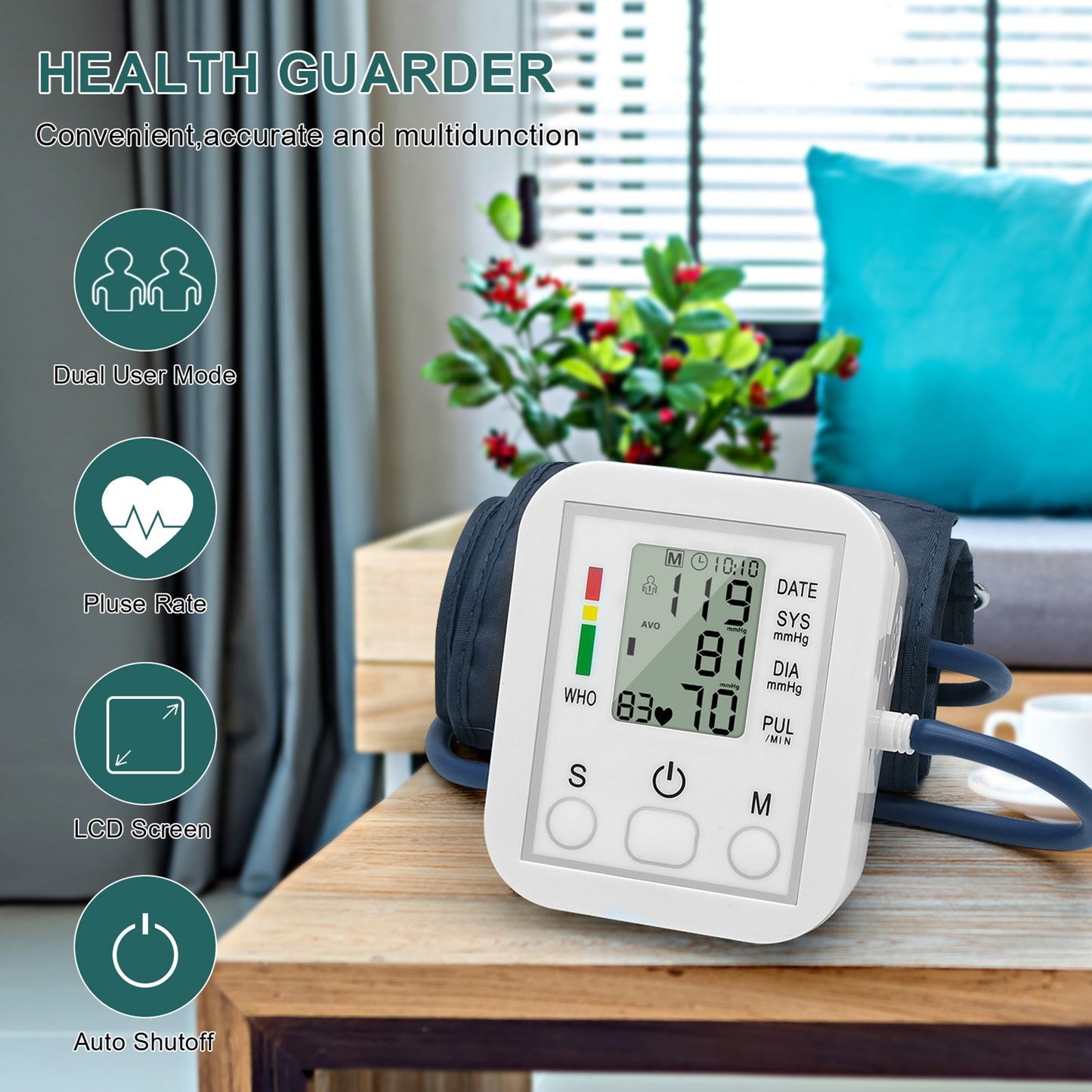 Portable LCD Blood Pressure Monitor - Accurate Arm Band Sphygmomanometer for Home Use