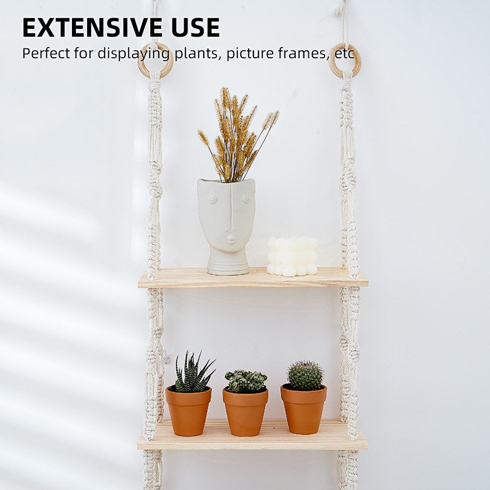 Creamy White 3-Tier Hanging Wall Shelf with Woven Rope for Bedroom & Living Room Decor