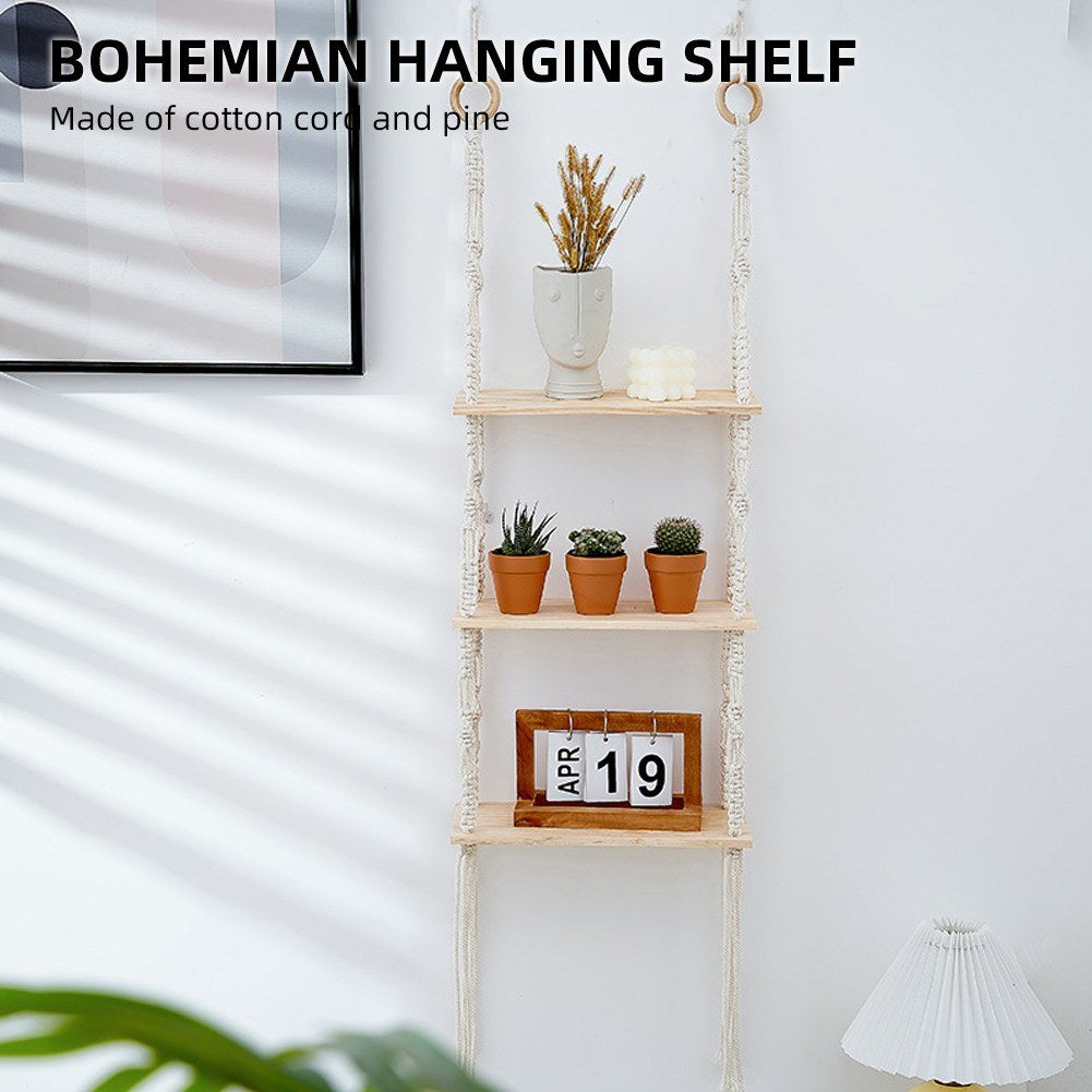 Creamy White 3-Tier Hanging Wall Shelf with Woven Rope for Bedroom & Living Room Decor