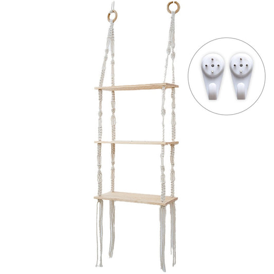 Creamy White 3-Tier Hanging Wall Shelf with Woven Rope for Bedroom & Living Room Decor