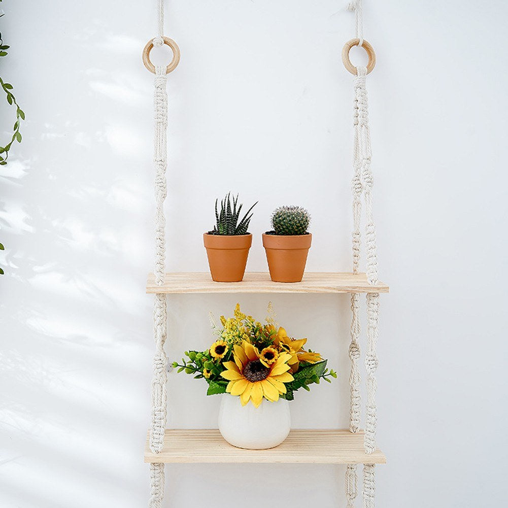 Creamy White 3-Tier Hanging Wall Shelf with Woven Rope for Bedroom & Living Room Decor