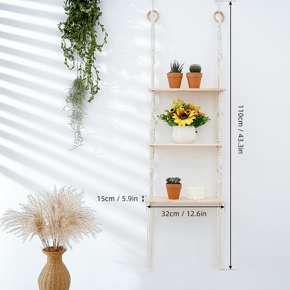 Creamy White 3-Tier Hanging Wall Shelf with Woven Rope for Bedroom & Living Room Decor