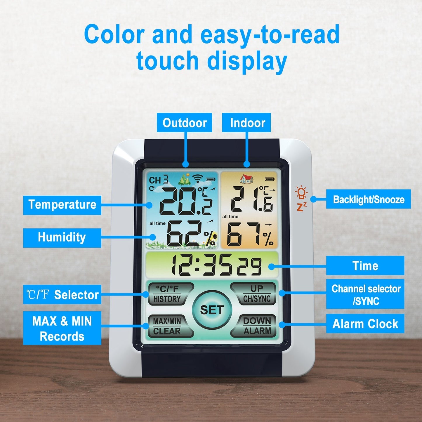 Color Touchscreen Weather Station: Wireless Indoor/Outdoor Thermometer Hygrometer, Atomic Alarm Clock with Adjustable Backlight