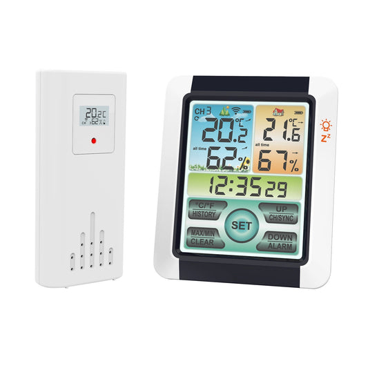 Color Touchscreen Weather Station: Wireless Indoor/Outdoor Thermometer Hygrometer, Atomic Alarm Clock with Adjustable Backlight