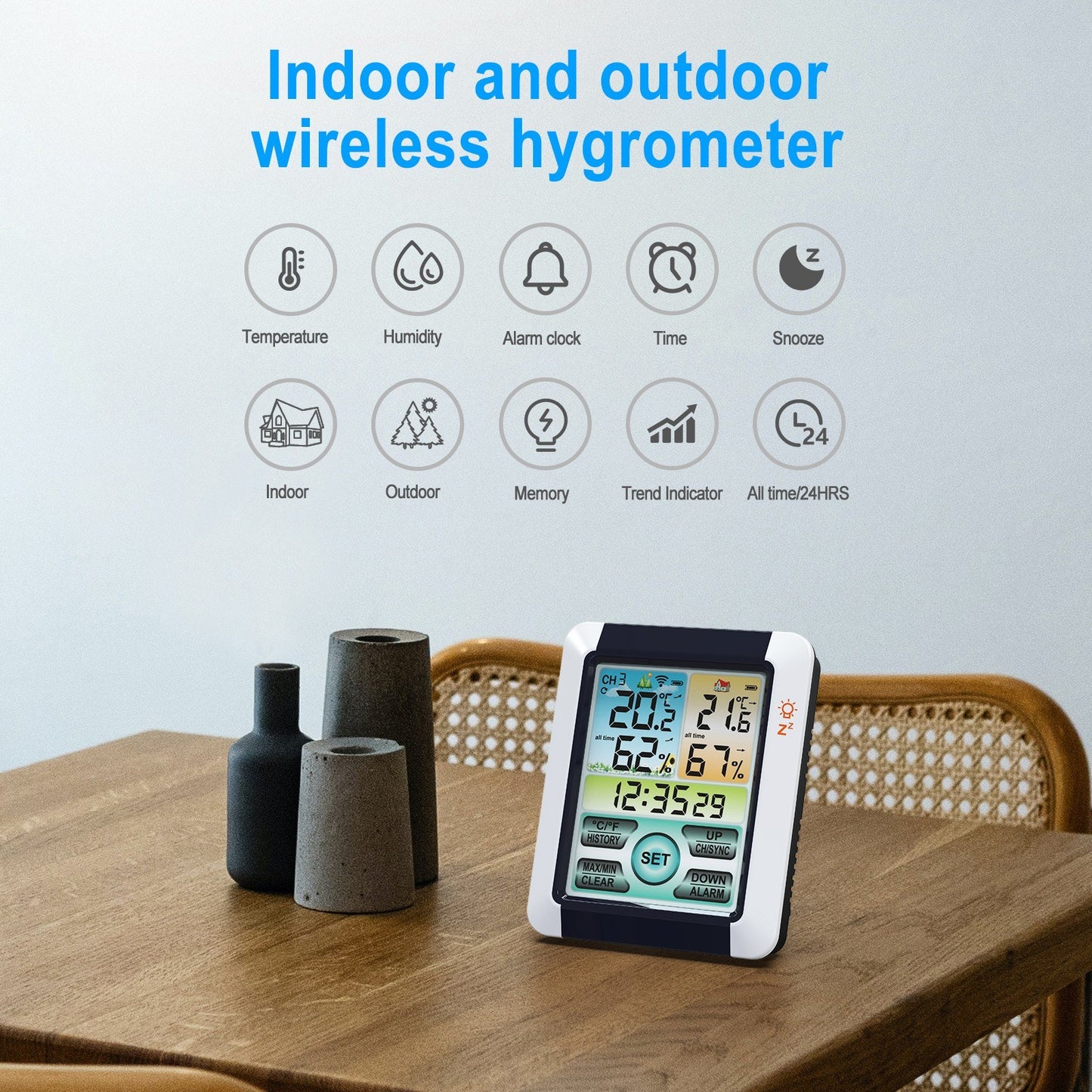 Color Touchscreen Weather Station: Wireless Indoor/Outdoor Thermometer Hygrometer, Atomic Alarm Clock with Adjustable Backlight