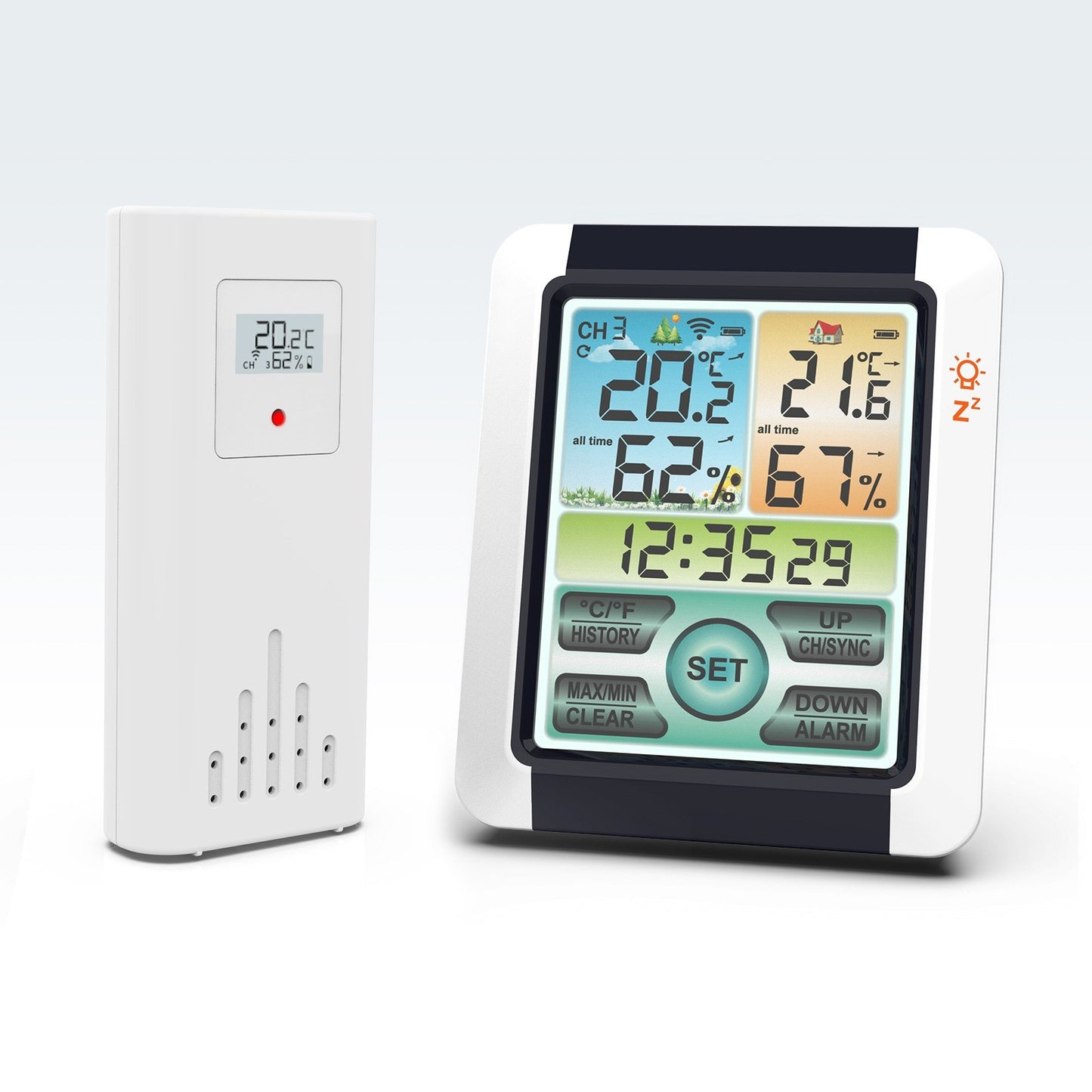 Color Touchscreen Weather Station: Wireless Indoor/Outdoor Thermometer Hygrometer, Atomic Alarm Clock with Adjustable Backlight