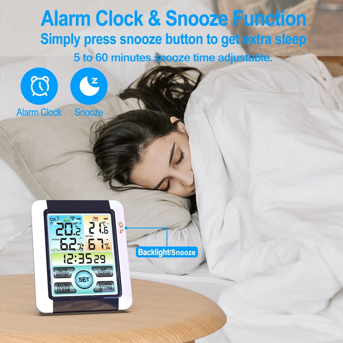 Color Touchscreen Weather Station: Wireless Indoor/Outdoor Thermometer Hygrometer, Atomic Alarm Clock with Adjustable Backlight