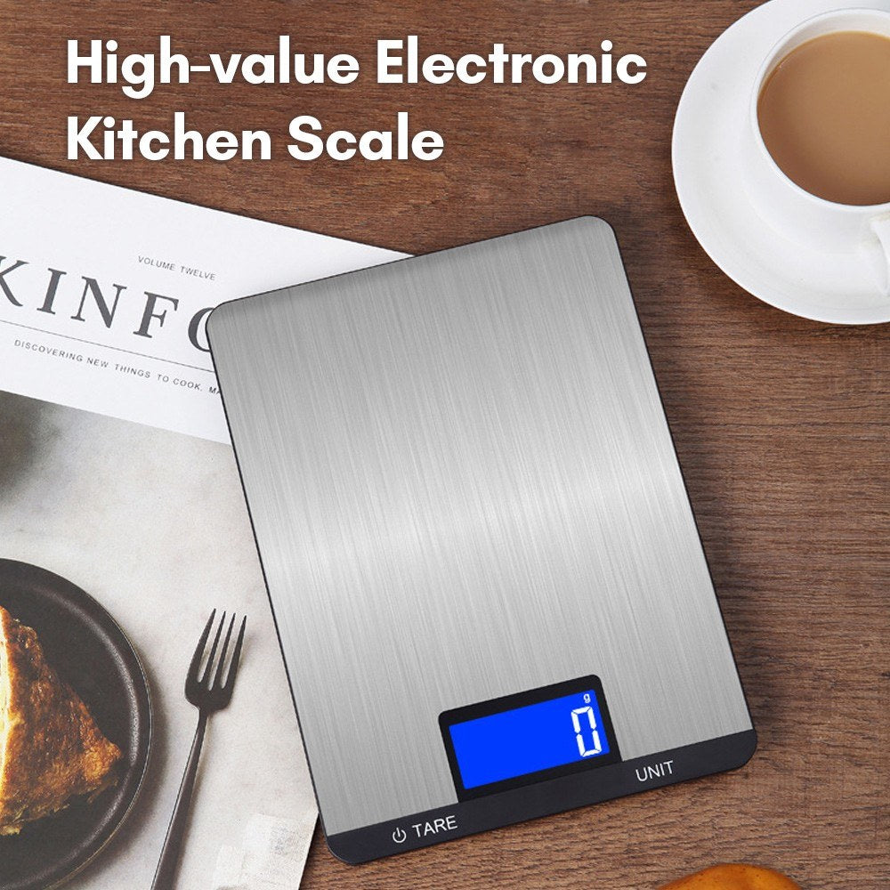 Rechargeable Digital Kitchen Food Scale 10kg/22lb, LCD Display, Touch Buttons, 7 Measurement Units, 3g/0.1oz Precision, Stainless Steel for Baking and Cooking