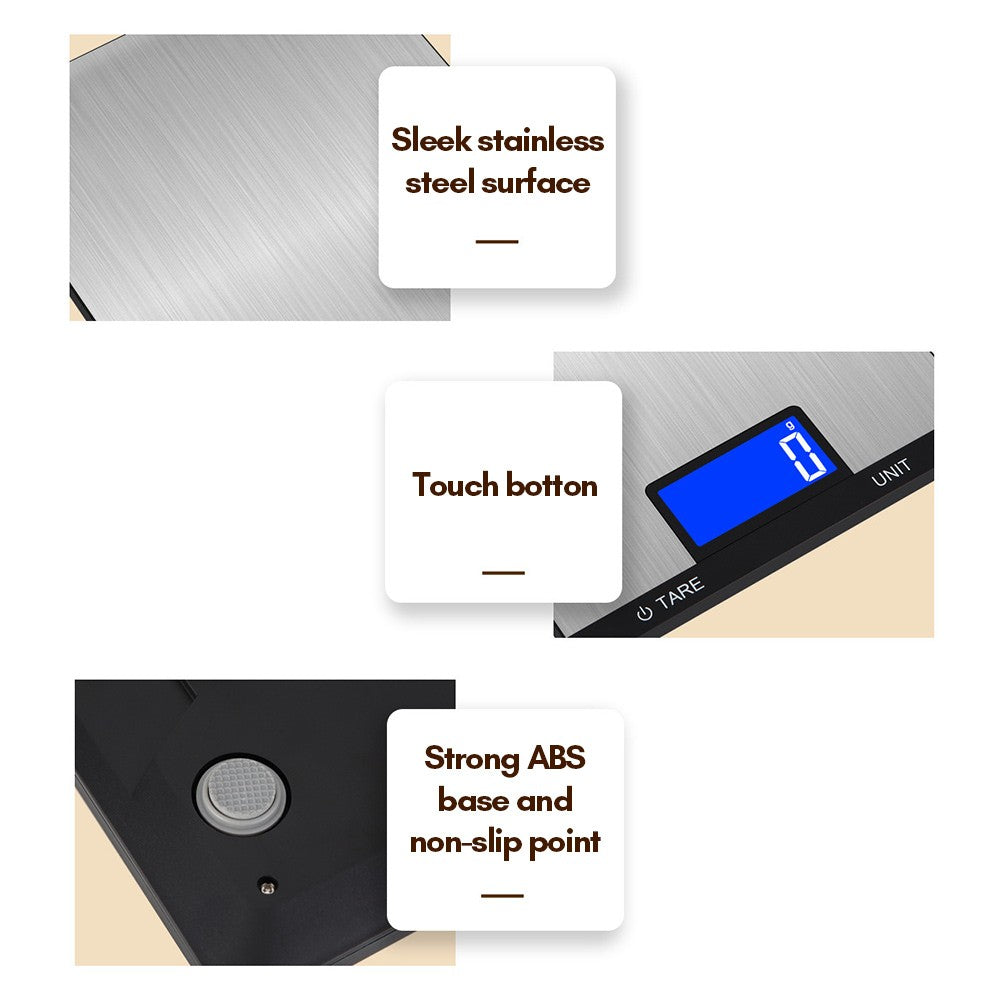 Rechargeable Digital Kitchen Food Scale 10kg/22lb, LCD Display, Touch Buttons, 7 Measurement Units, 3g/0.1oz Precision, Stainless Steel for Baking and Cooking