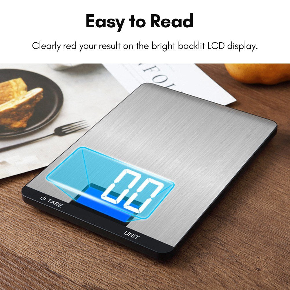 Rechargeable Digital Kitchen Food Scale 10kg/22lb, LCD Display, Touch Buttons, 7 Measurement Units, 3g/0.1oz Precision, Stainless Steel for Baking and Cooking