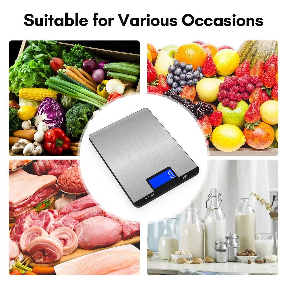 Rechargeable Digital Kitchen Food Scale 10kg/22lb, LCD Display, Touch Buttons, 7 Measurement Units, 3g/0.1oz Precision, Stainless Steel for Baking and Cooking