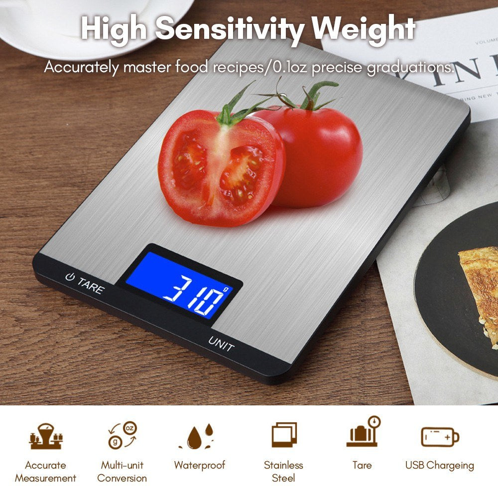 Rechargeable Digital Kitchen Food Scale 10kg/22lb, LCD Display, Touch Buttons, 7 Measurement Units, 3g/0.1oz Precision, Stainless Steel for Baking and Cooking