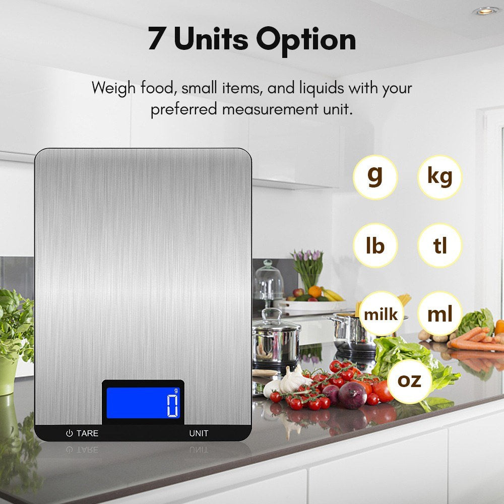 Rechargeable Digital Kitchen Food Scale 10kg/22lb, LCD Display, Touch Buttons, 7 Measurement Units, 3g/0.1oz Precision, Stainless Steel for Baking and Cooking