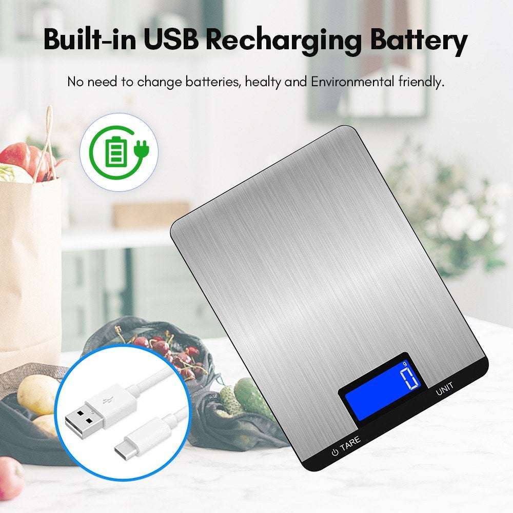 Rechargeable Digital Kitchen Food Scale 10kg/22lb, LCD Display, Touch Buttons, 7 Measurement Units, 3g/0.1oz Precision, Stainless Steel for Baking and Cooking