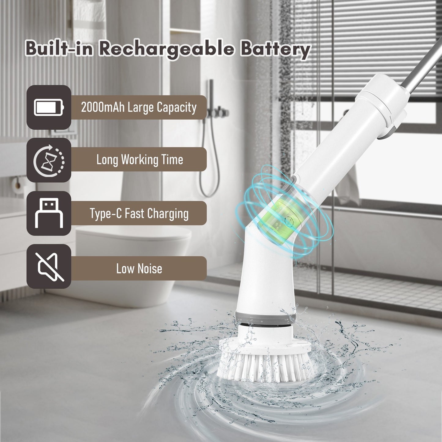 Handheld Cordless Electric Spin Scrubber with 2 Speeds, Extension Rod & 6 Brush Heads for Bathroom, Bathtub, Toilet, Tile, Floor, Window Cleaning