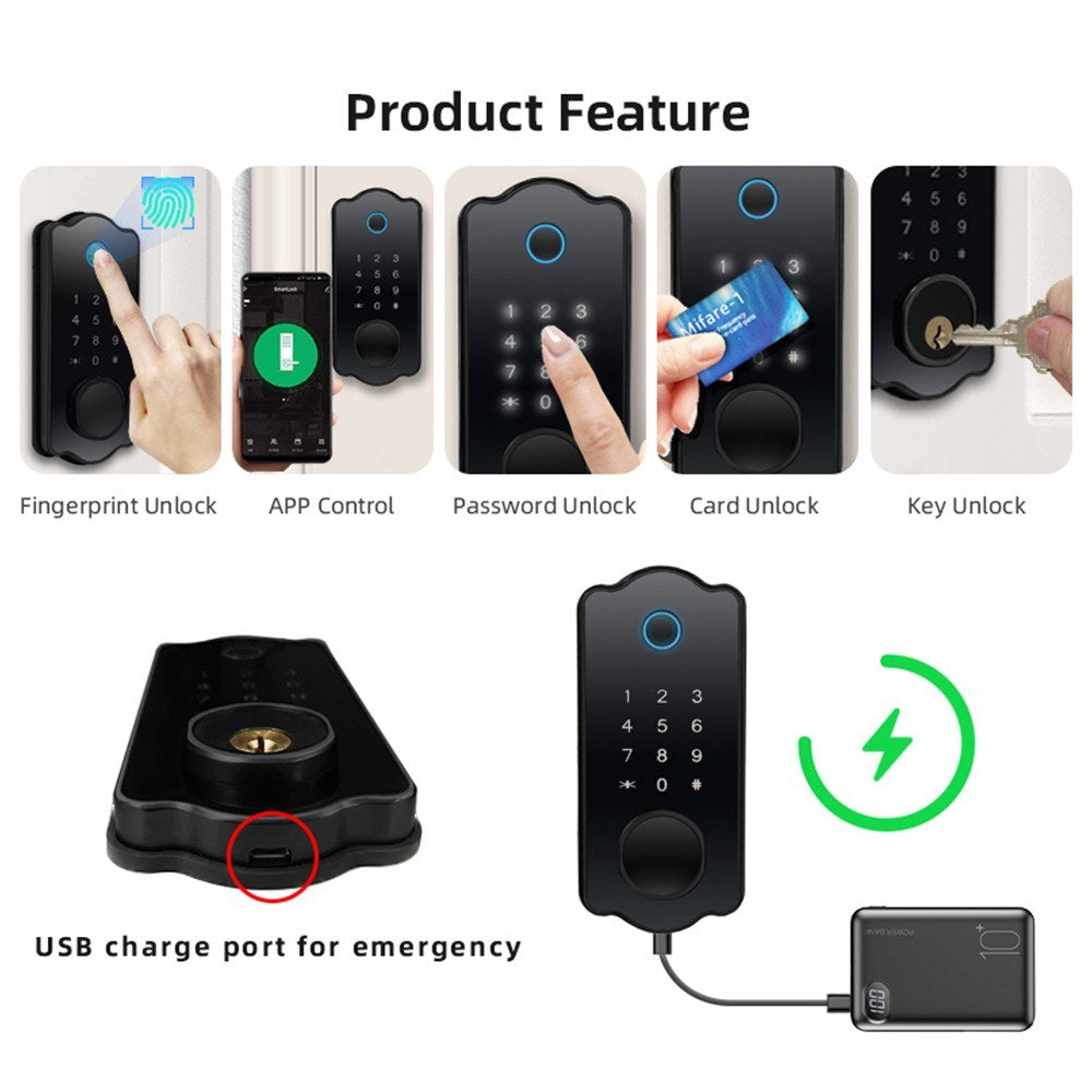 5-in-1 Keyless Smart Door Lock: Waterproof, Auto-Lock, TTlock App, Fingerprint, Code, IC Card Unlock