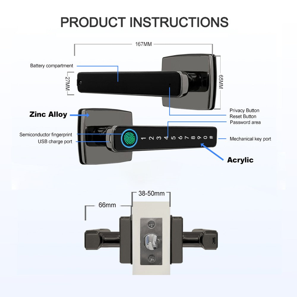 4-in-1 Fingerprint Smart Door Lock with Handle - Keyless Entry, Tuya App, Key, Passcodes for Front Door, Bedroom, Apartment, Hotel