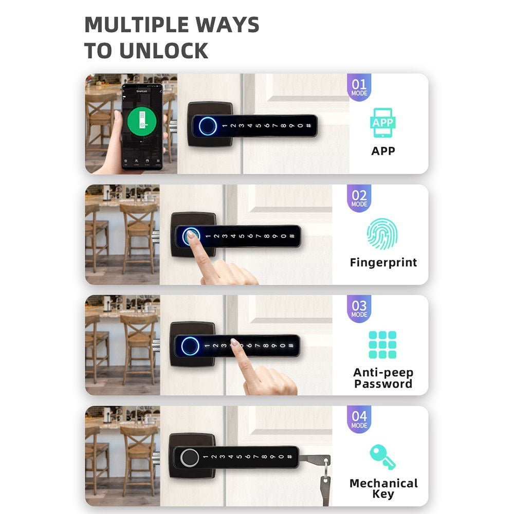 4-in-1 Fingerprint Smart Door Lock with Handle - Keyless Entry, Tuya App, Key, Passcodes for Front Door, Bedroom, Apartment, Hotel