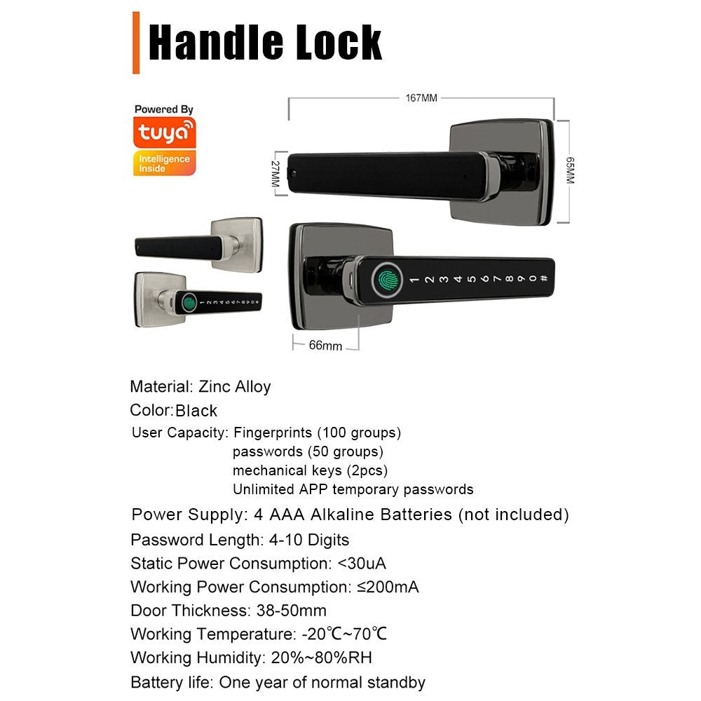 4-in-1 Fingerprint Smart Door Lock with Handle - Keyless Entry, Tuya App, Key, Passcodes for Front Door, Bedroom, Apartment, Hotel