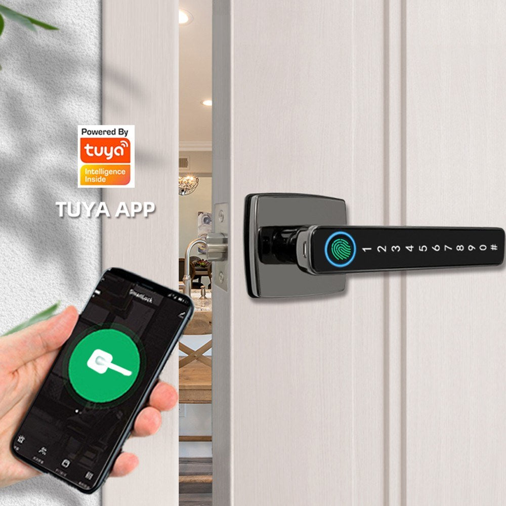 4-in-1 Fingerprint Smart Door Lock with Handle - Keyless Entry, Tuya App, Key, Passcodes for Front Door, Bedroom, Apartment, Hotel