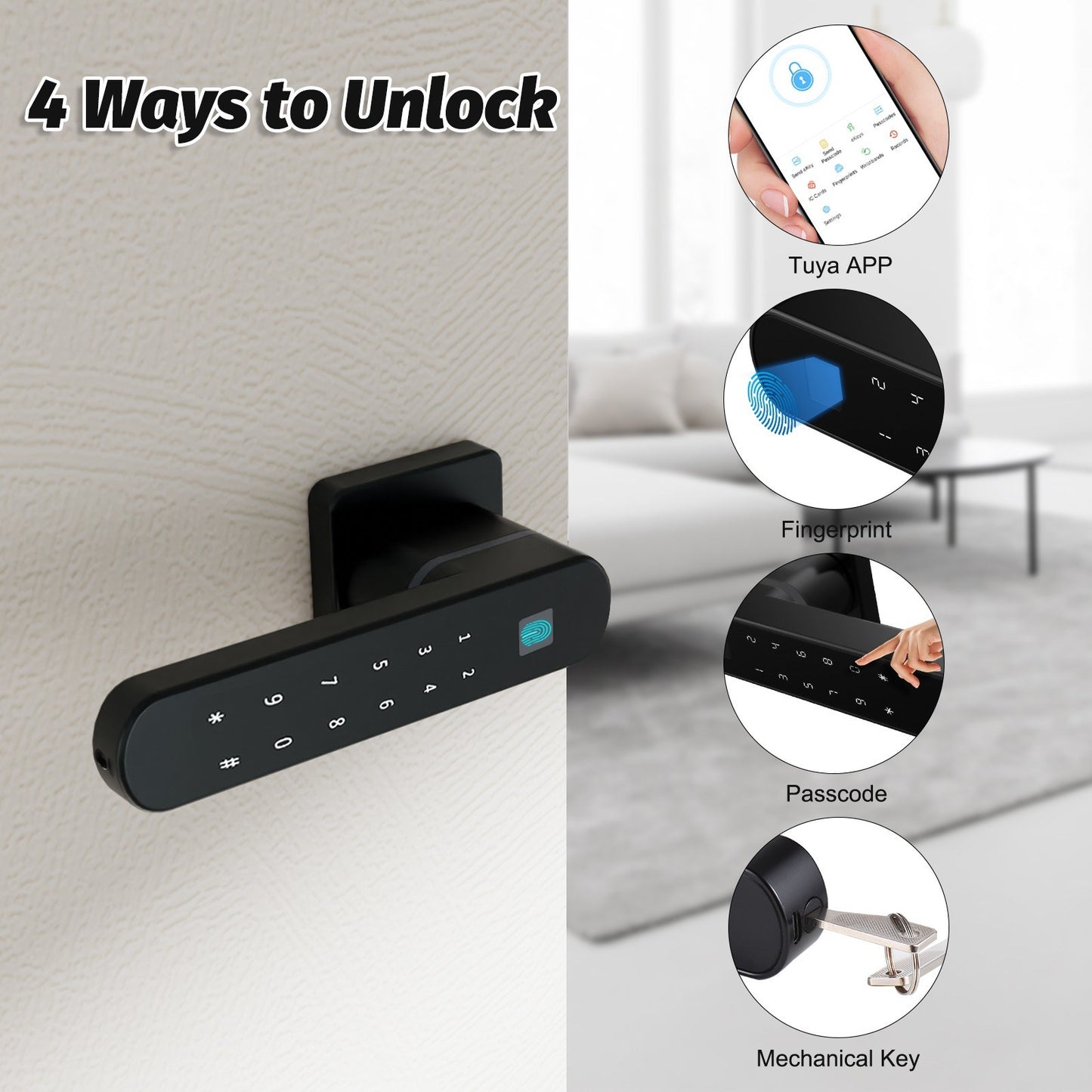 4-in-1 Fingerprint Smart Door Lock with Handle - Keyless Entry via Tuya APP, Key, Passcodes for Front Door, Bedroom, Apartment, Hotel
