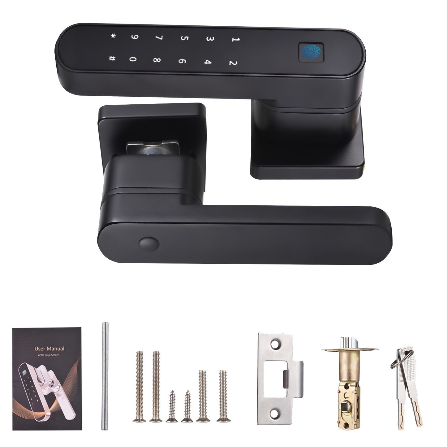4-in-1 Fingerprint Smart Door Lock with Handle - Keyless Entry via Tuya APP, Key, Passcodes for Front Door, Bedroom, Apartment, Hotel