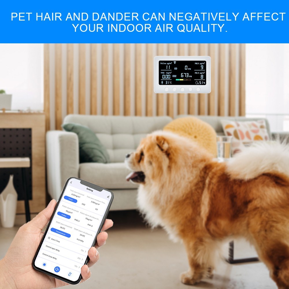 Smart Air Quality Monitor 8-in-1: CO2, CO, PM2.5, PM1.0, TVOC, Pollen, Temp & Humidity with Alarm & Tuya APP, NDIR Sensor, Portable Indoor Detector, RS485 Logger, 2.4GHz WiFi
