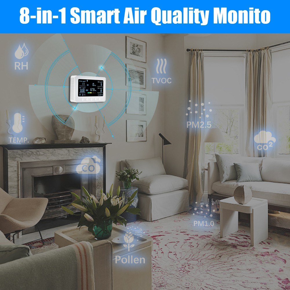 Smart Air Quality Monitor 8-in-1: CO2, CO, PM2.5, PM1.0, TVOC, Pollen, Temp & Humidity with Alarm & Tuya APP, NDIR Sensor, Portable Indoor Detector, RS485 Logger, 2.4GHz WiFi