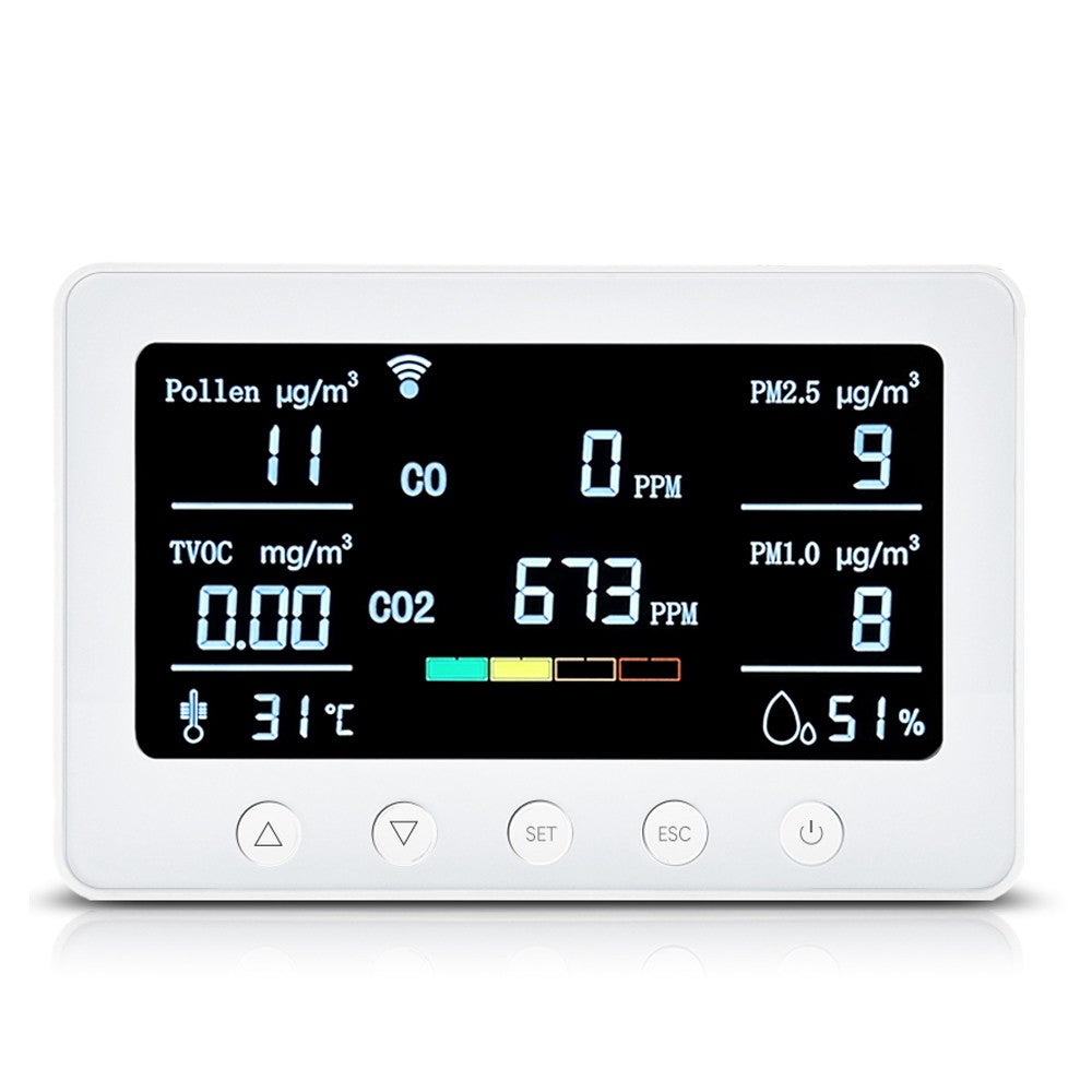 Smart Air Quality Monitor 8-in-1: CO2, CO, PM2.5, PM1.0, TVOC, Pollen, Temp & Humidity with Alarm & Tuya APP, NDIR Sensor, Portable Indoor Detector, RS485 Logger, 2.4GHz WiFi