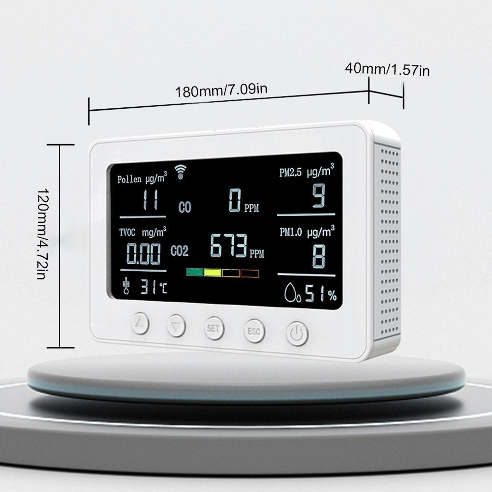 Smart Air Quality Monitor 8-in-1: CO2, CO, PM2.5, PM1.0, TVOC, Pollen, Temp & Humidity with Alarm & Tuya APP, NDIR Sensor, Portable Indoor Detector, RS485 Logger, 2.4GHz WiFi