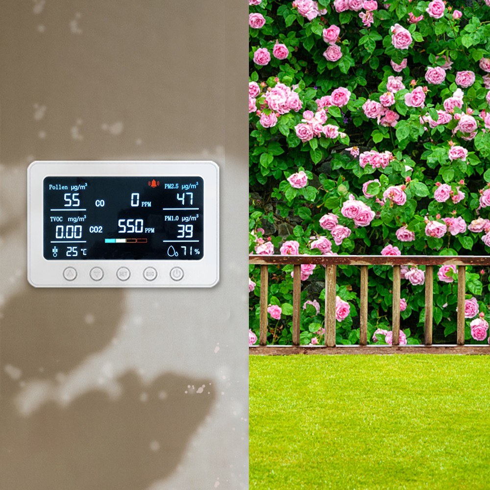 Smart Air Quality Monitor 8-in-1: CO2, CO, PM2.5, PM1.0, TVOC, Pollen, Temp & Humidity with Alarm & Tuya APP, NDIR Sensor, Portable Indoor Detector, RS485 Logger, 2.4GHz WiFi