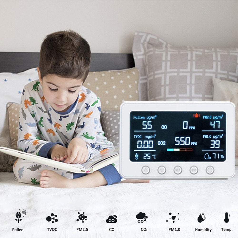 Smart Air Quality Monitor 8-in-1: CO2, CO, PM2.5, PM1.0, TVOC, Pollen, Temp & Humidity with Alarm & Tuya APP, NDIR Sensor, Portable Indoor Detector, RS485 Logger, 2.4GHz WiFi