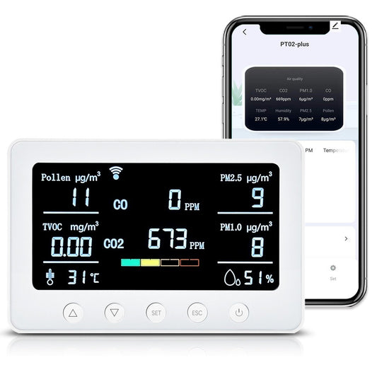 Smart Air Quality Monitor 8-in-1: CO2, CO, PM2.5, PM1.0, TVOC, Pollen, Temp & Humidity with Alarm & Tuya APP, NDIR Sensor, Portable Indoor Detector, RS485 Logger, 2.4GHz WiFi