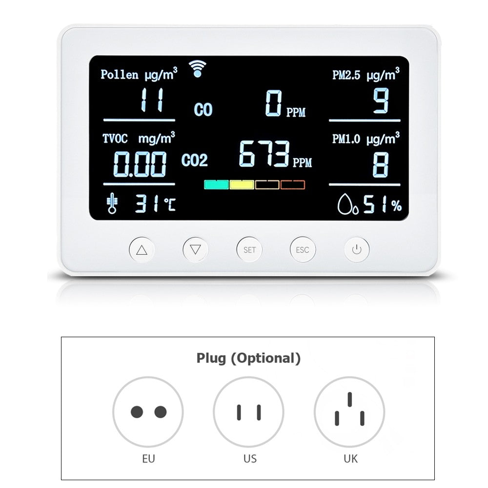 Smart Air Quality Monitor 8-in-1: CO2, CO, PM2.5, PM1.0, TVOC, Pollen, Temp & Humidity with Alarm & Tuya APP, NDIR Sensor, Portable Indoor Detector, RS485 Logger, 2.4GHz WiFi