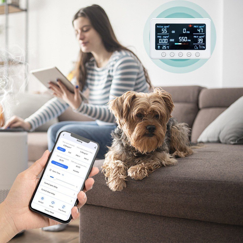 Smart Air Quality Monitor 8-in-1: CO2, CO, PM2.5, PM1.0, TVOC, Pollen, Temp & Humidity with Alarm & Tuya APP, NDIR Sensor, Portable Indoor Detector, RS485 Logger, 2.4GHz WiFi