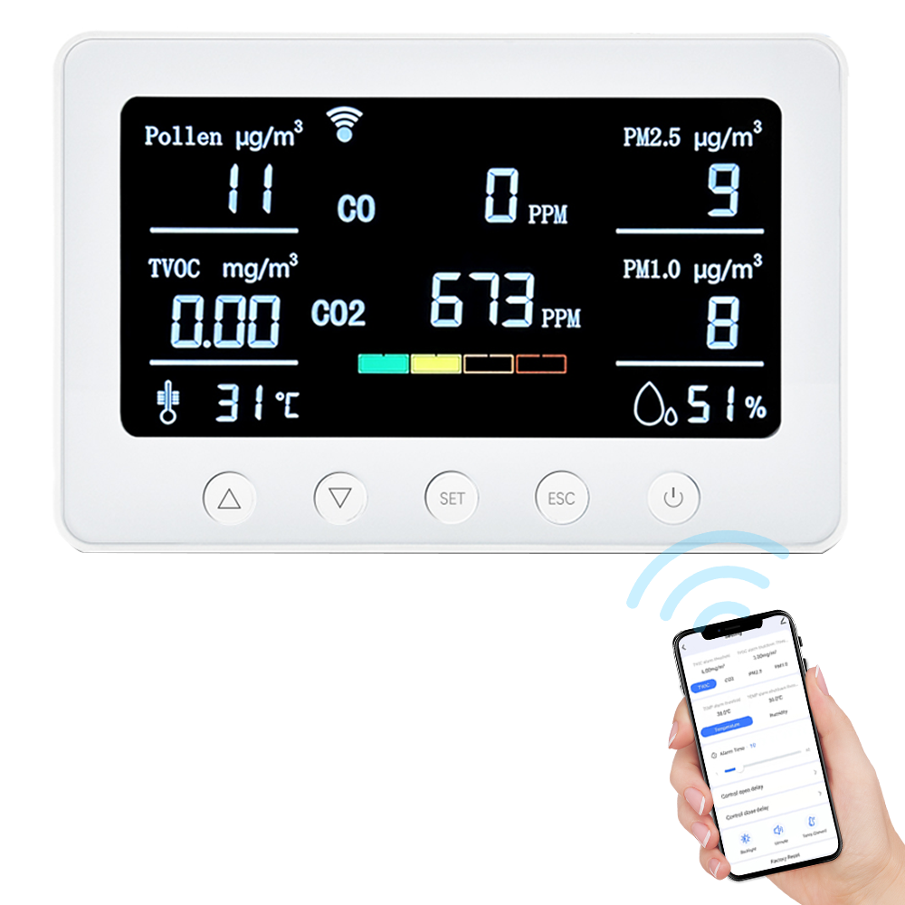 Smart Air Quality Monitor 8-in-1: CO2, CO, PM2.5, PM1.0, TVOC, Pollen, Temp & Humidity with Alarm & Tuya APP, NDIR Sensor, Portable Indoor Detector, RS485 Logger, 2.4GHz WiFi