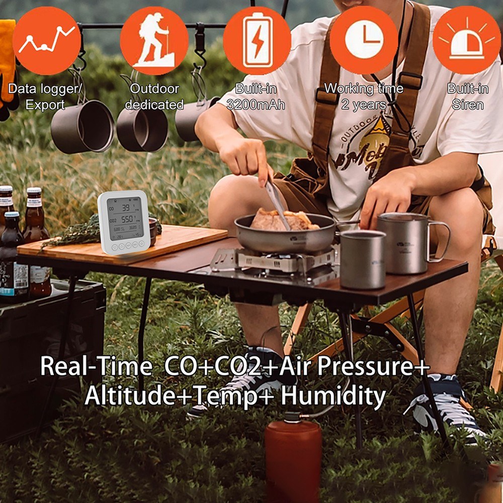 6-in-1 Air Quality Monitor with 5-inch LCD, Bluetooth Tuya App Control, CO2 Detector, 128MB SD Card