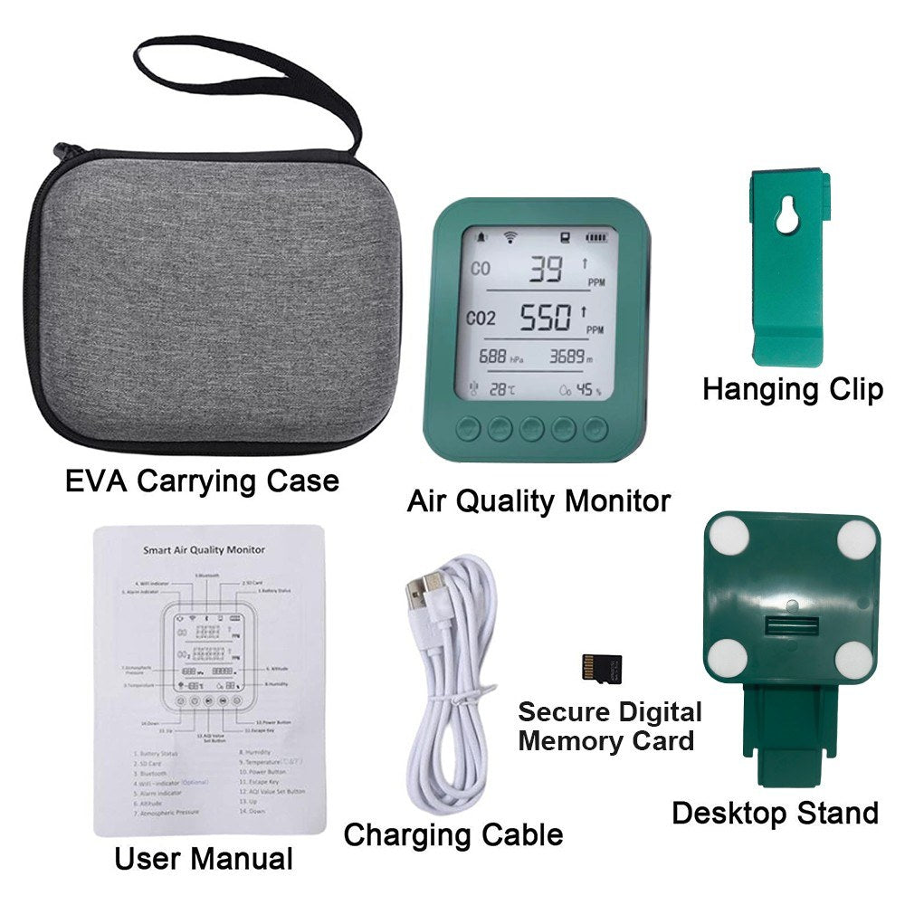 6-in-1 Air Quality Monitor with 5-inch LCD, Bluetooth Tuya App Control, CO2 Detector, 128MB SD Card