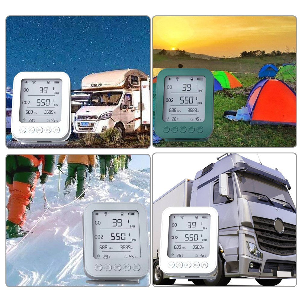 6-in-1 Air Quality Monitor with 5-inch LCD, Bluetooth Tuya App Control, CO2 Detector, 128MB SD Card