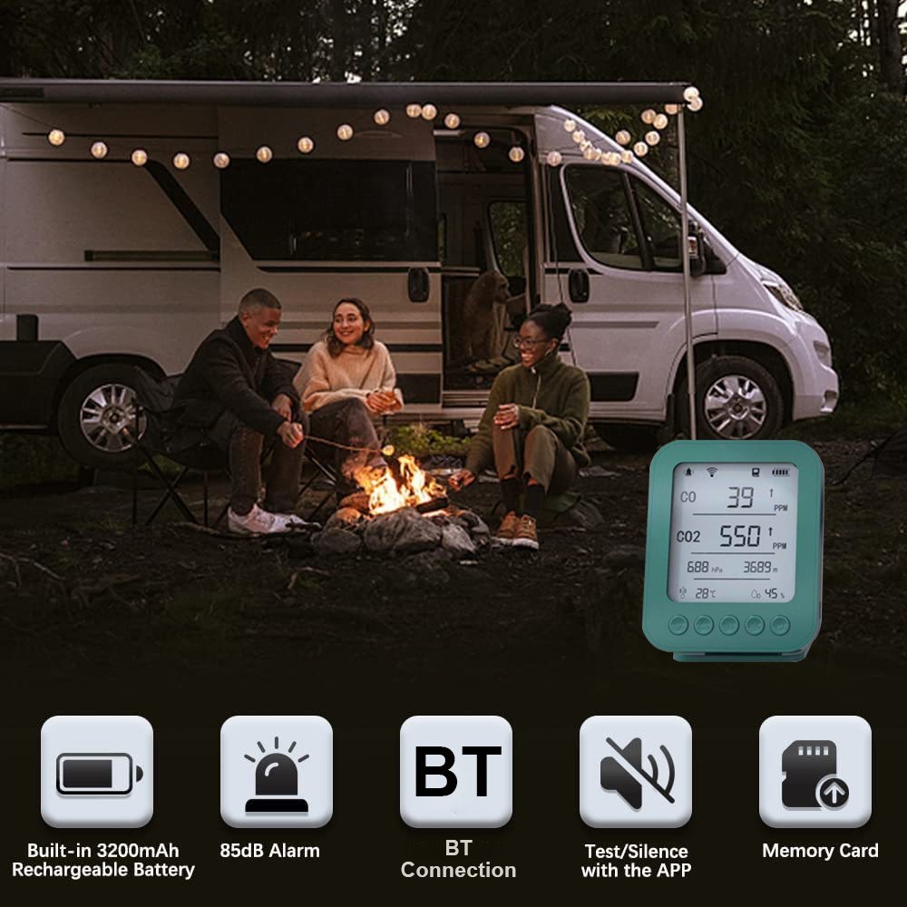 6-in-1 Air Quality Monitor with 5-inch LCD, Bluetooth Tuya App Control, CO2 Detector, 128MB SD Card