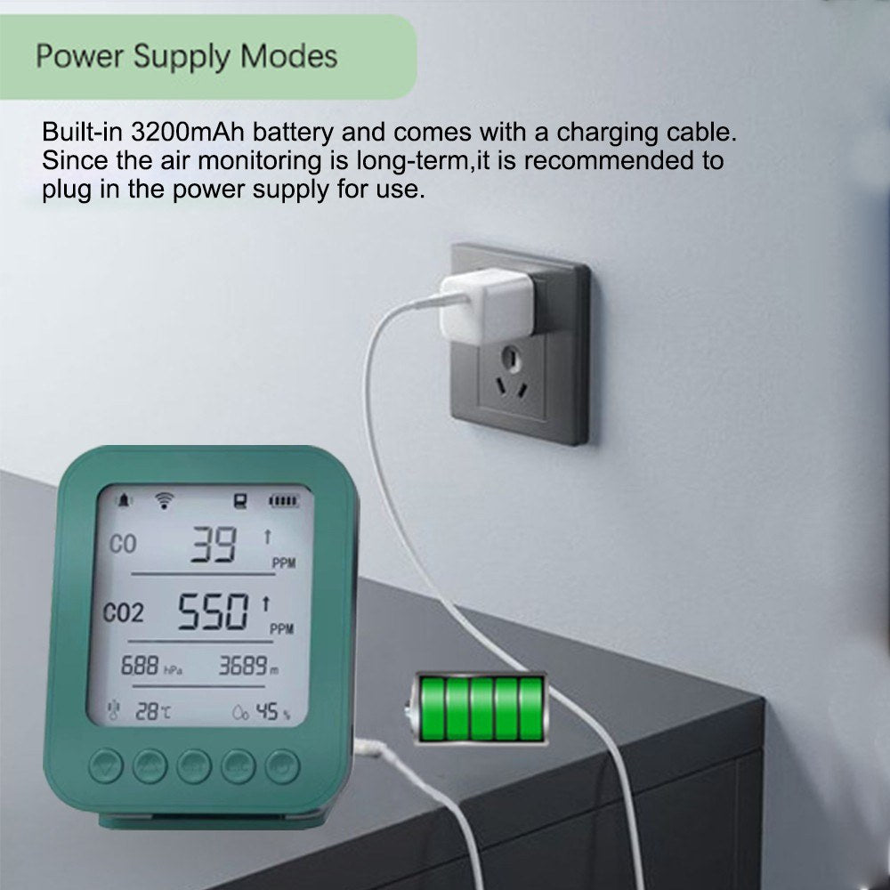 6-in-1 Air Quality Monitor with 5-inch LCD, Bluetooth Tuya App Control, CO2 Detector, 128MB SD Card