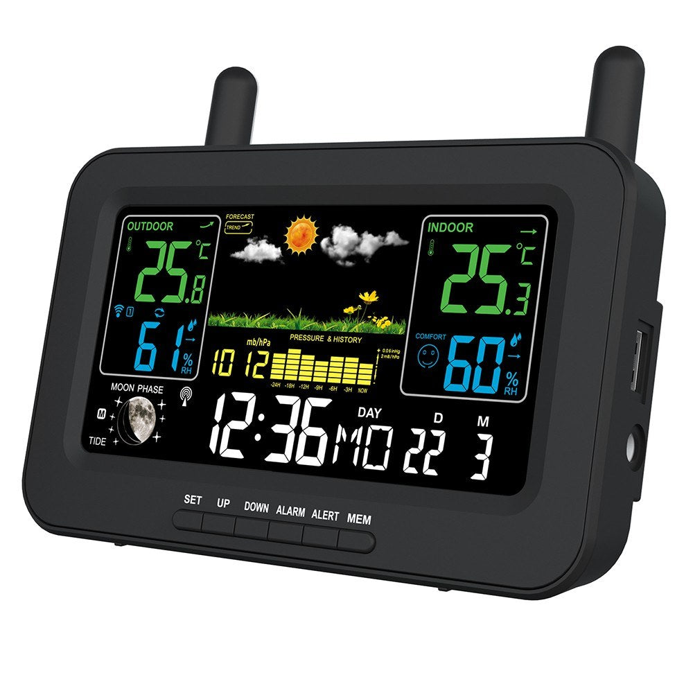 Wireless Weather Station with LCD Color Display: Indoor Outdoor Thermometer, Humidity Monitor, Forecast, Air Pressure, Clock, Adjustable Backlight, Alarm Alert, Outdoor Sensor