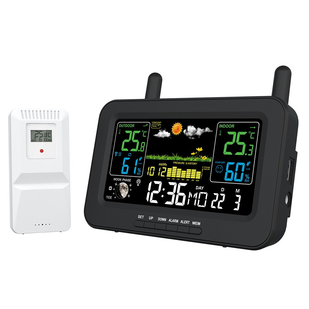 Wireless Weather Station with LCD Color Display: Indoor Outdoor Thermometer, Humidity Monitor, Forecast, Air Pressure, Clock, Adjustable Backlight, Alarm Alert, Outdoor Sensor