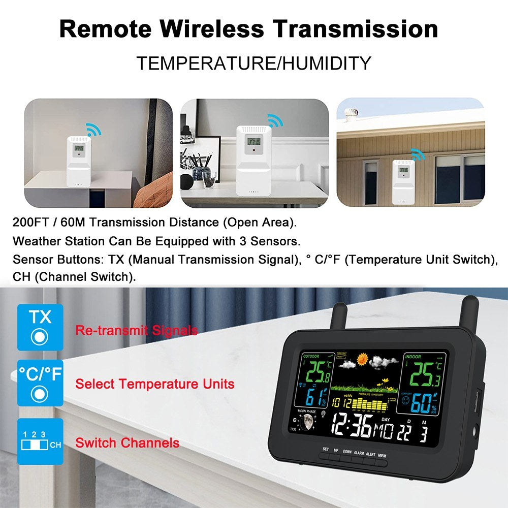 Wireless Weather Station with LCD Color Display: Indoor Outdoor Thermometer, Humidity Monitor, Forecast, Air Pressure, Clock, Adjustable Backlight, Alarm Alert, Outdoor Sensor
