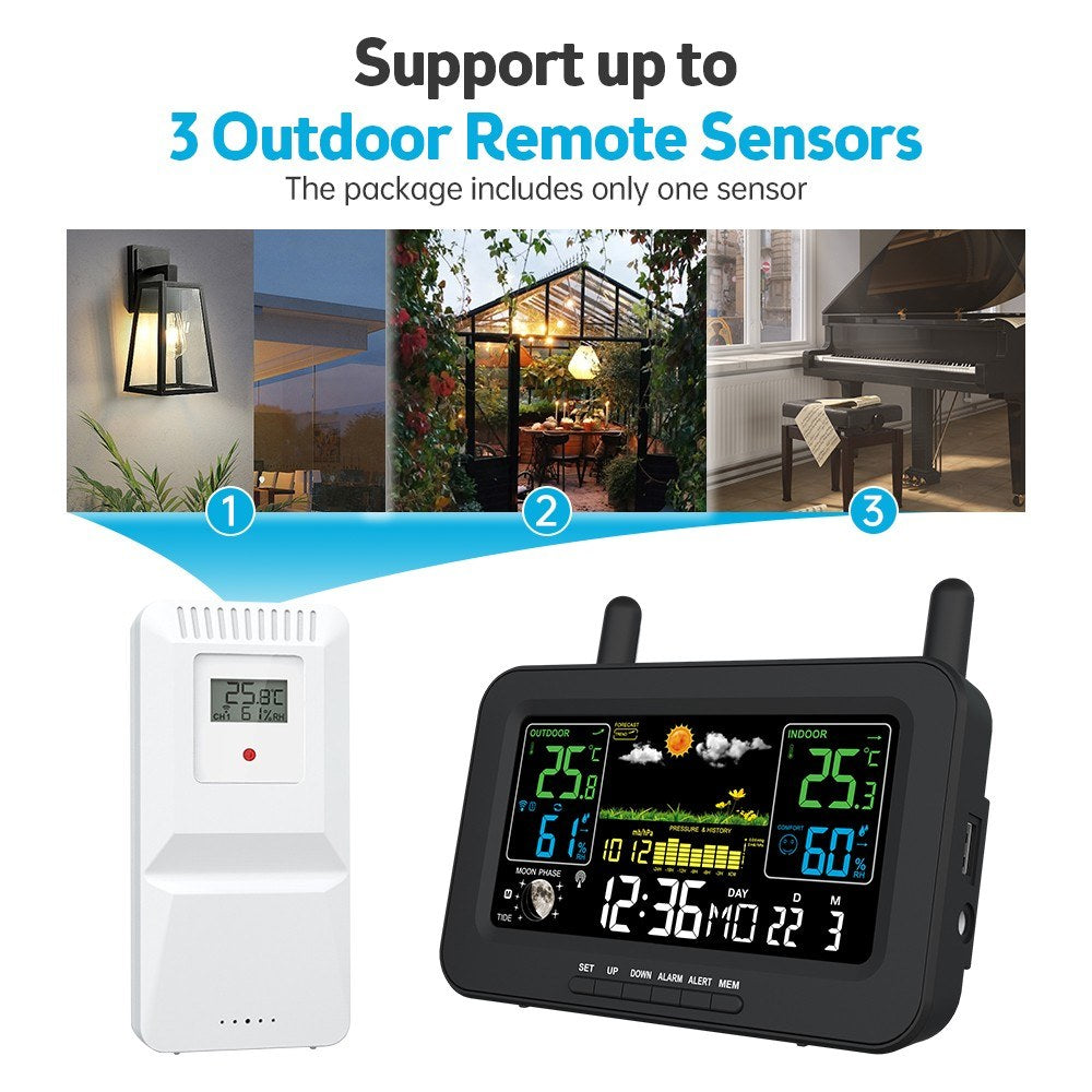 Wireless Weather Station with LCD Color Display: Indoor Outdoor Thermometer, Humidity Monitor, Forecast, Air Pressure, Clock, Adjustable Backlight, Alarm Alert, Outdoor Sensor