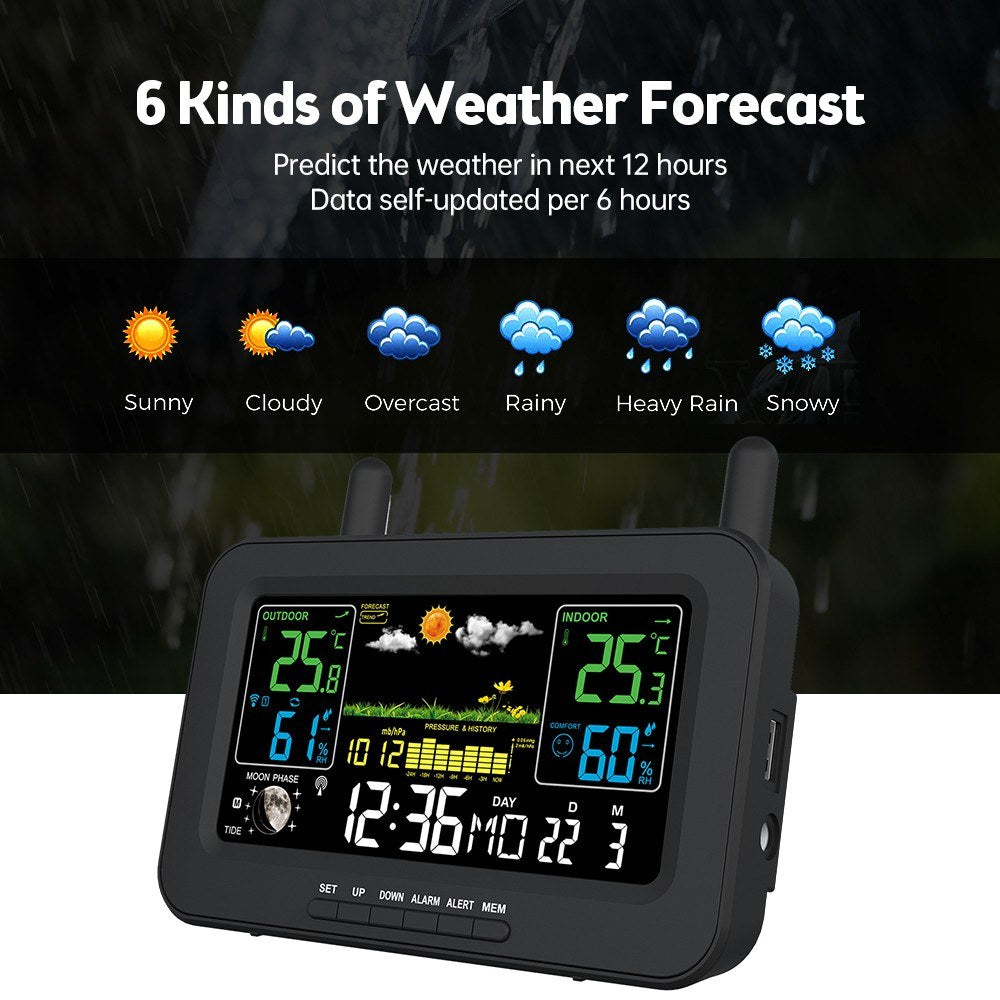 Wireless Weather Station with LCD Color Display: Indoor Outdoor Thermometer, Humidity Monitor, Forecast, Air Pressure, Clock, Adjustable Backlight, Alarm Alert, Outdoor Sensor