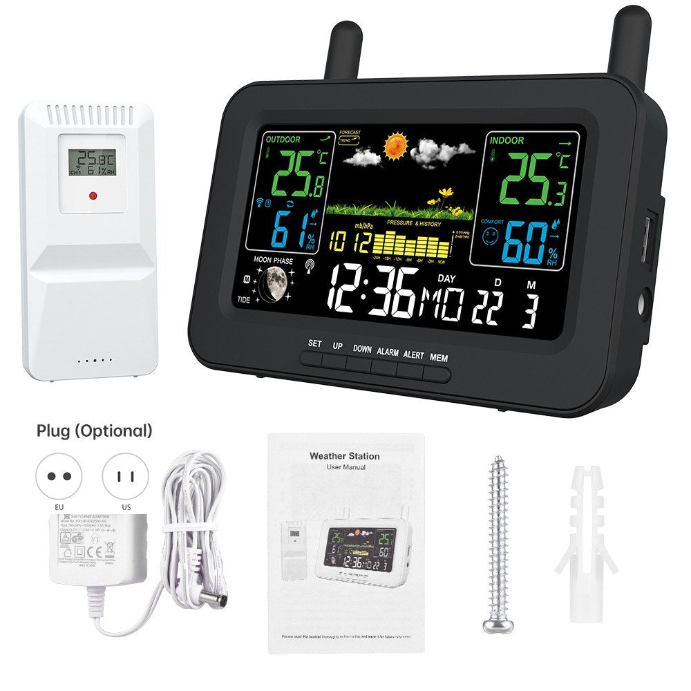 Wireless Weather Station with LCD Color Display: Indoor Outdoor Thermometer, Humidity Monitor, Forecast, Air Pressure, Clock, Adjustable Backlight, Alarm Alert, Outdoor Sensor